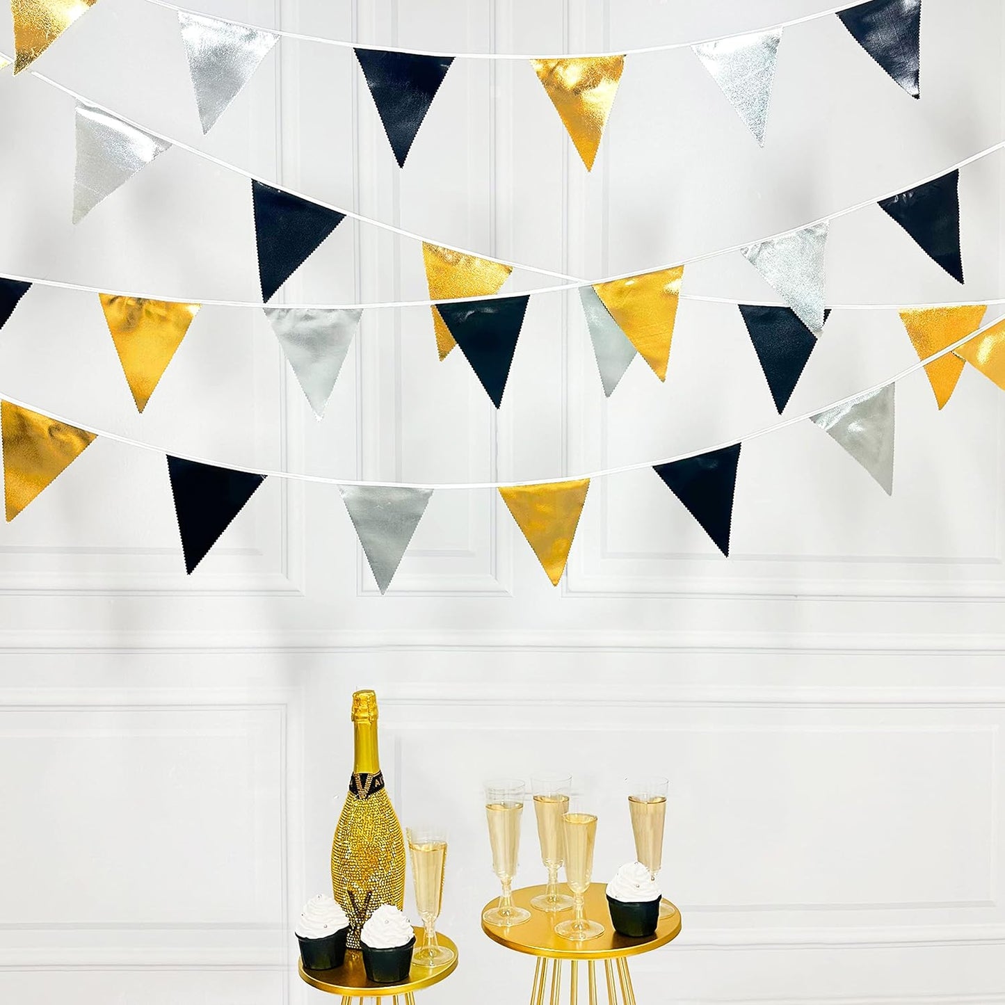 Black Gold Silver Party Decoration Triangle Pennant Banner Flag Metallic Fabric Bunting Garland for