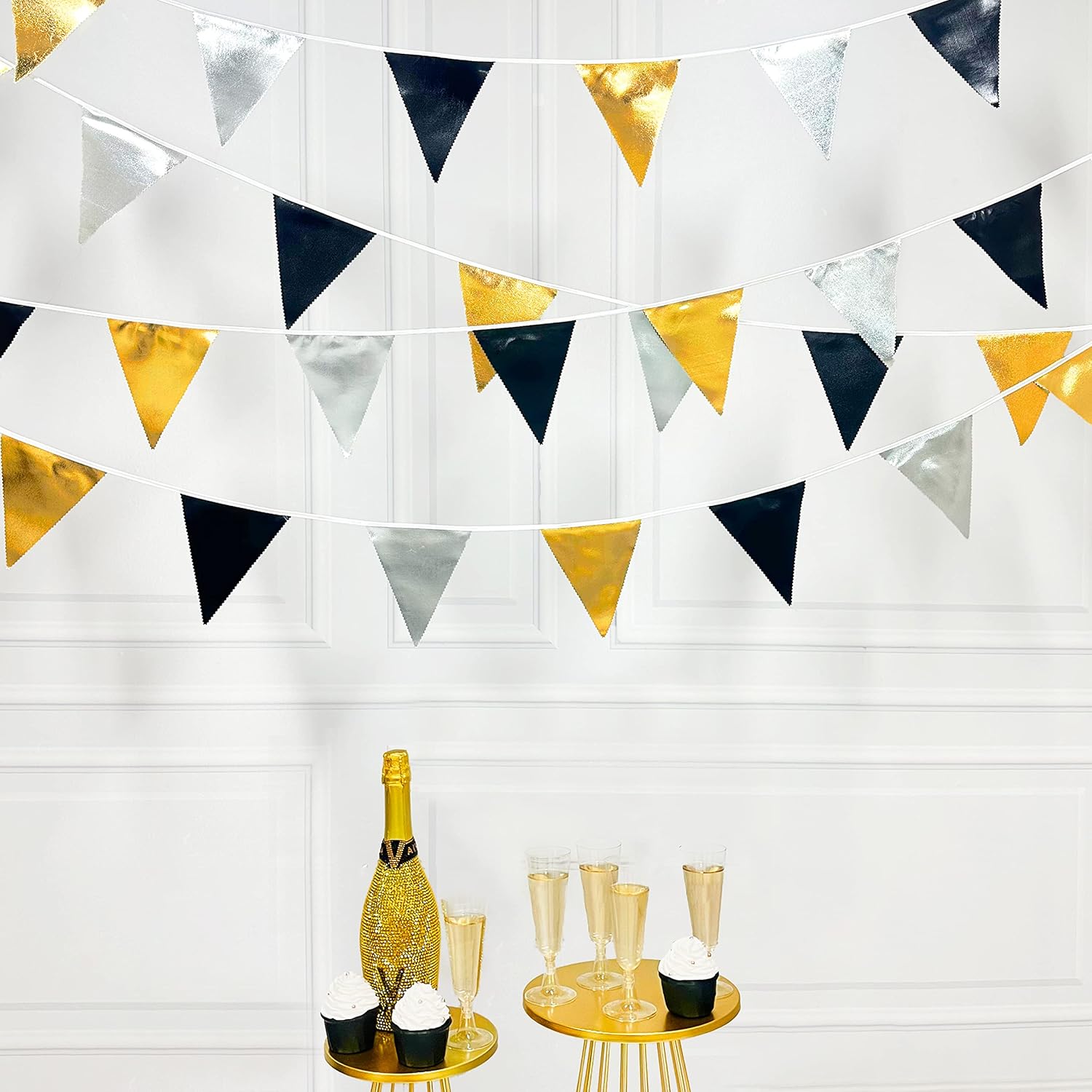 Black Gold Silver Party Decoration Triangle Pennant Banner Flag Metallic Fabric Bunting Garland for