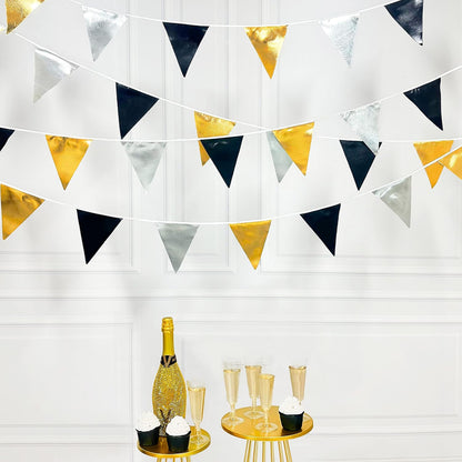 Black Gold Silver Party Decoration Triangle Pennant Banner Flag Metallic Fabric Bunting Garland for