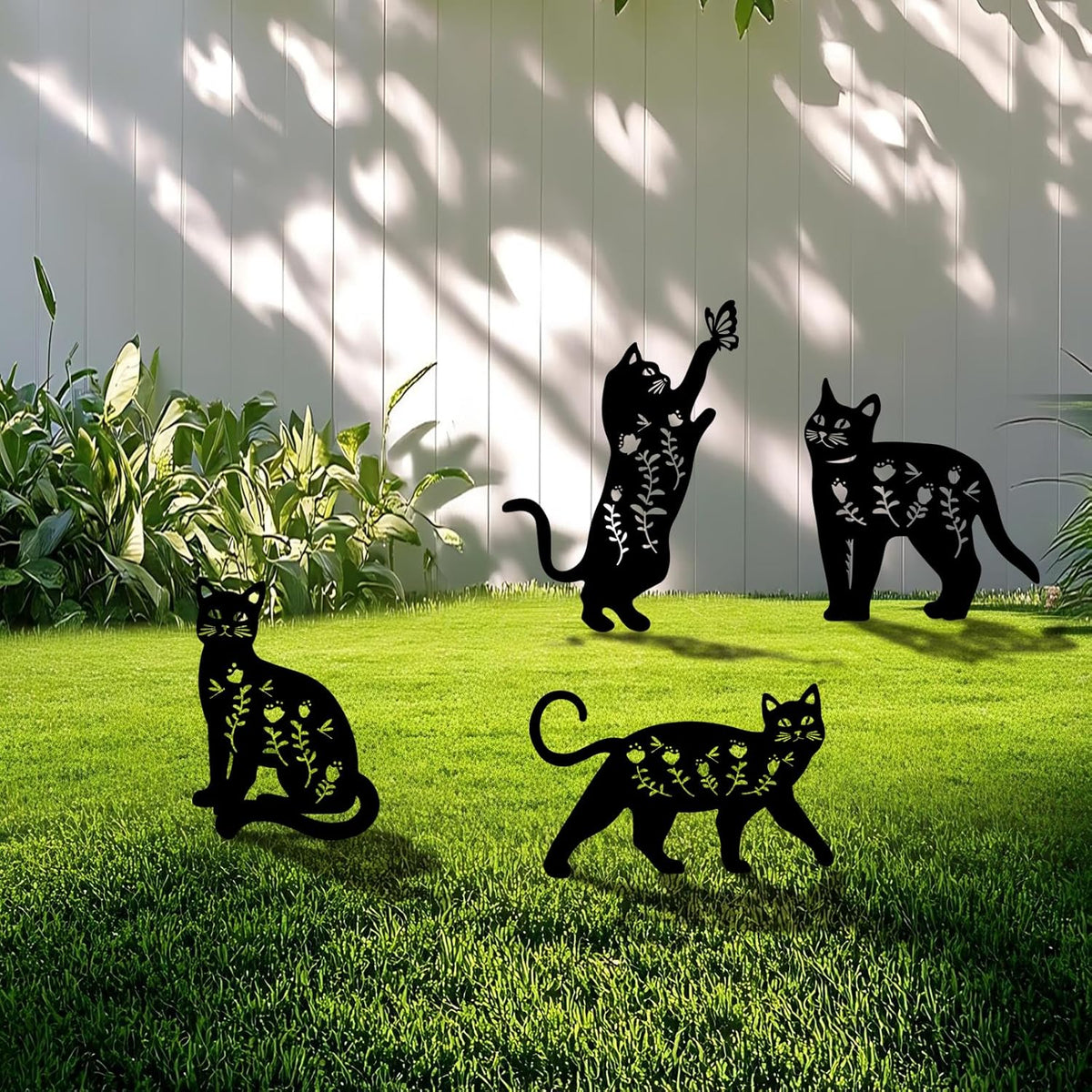 4 Pack Cat Metal Garden Decorative Stakes, Weather Proof Silhouette Statues for Yard, Patio,Outdoor