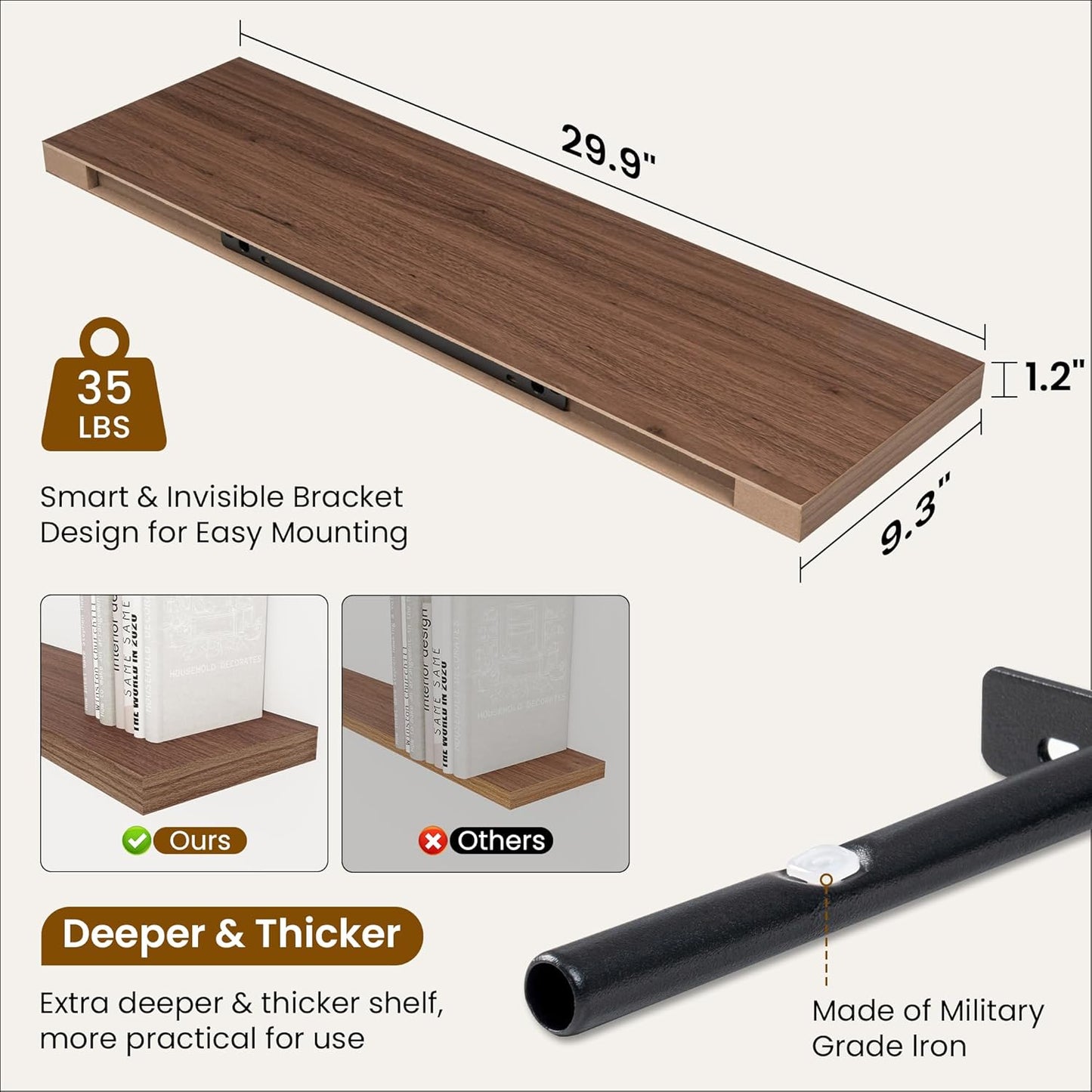 Fun Memories Floating Shelves for Wall, 30 Inch Rustic Wood Wall Mounted Shelves for Bathroom