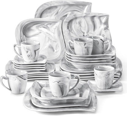 MALACASA Marble Grey Dinnerware Sets, 30-Piece Porcelain Dinnerware Set, Modern Plates and Bowls