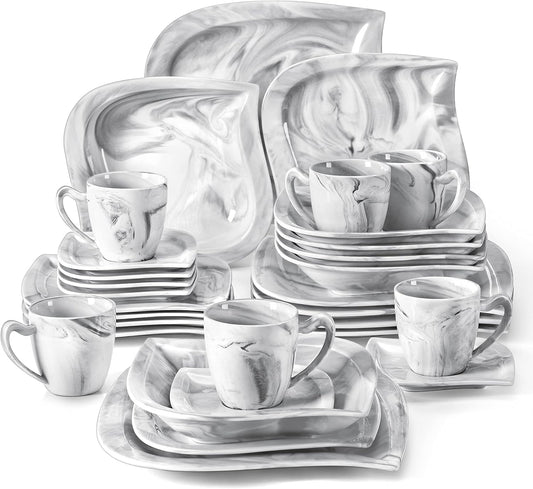MALACASA Marble Grey Dinnerware Sets, 30-Piece Porcelain Dinnerware Set, Modern Plates and Bowls