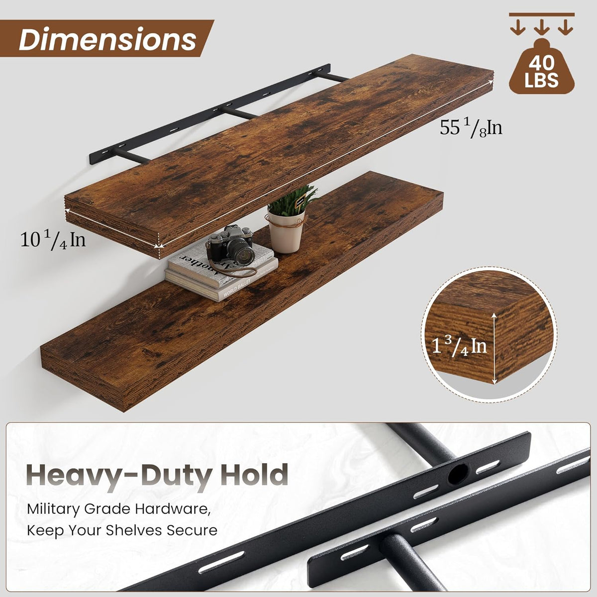 Heimlove 55 Inch Floating Shelves for Wall,10 Deep Large Rustic Brown Wall Shelf with Heavy Duty