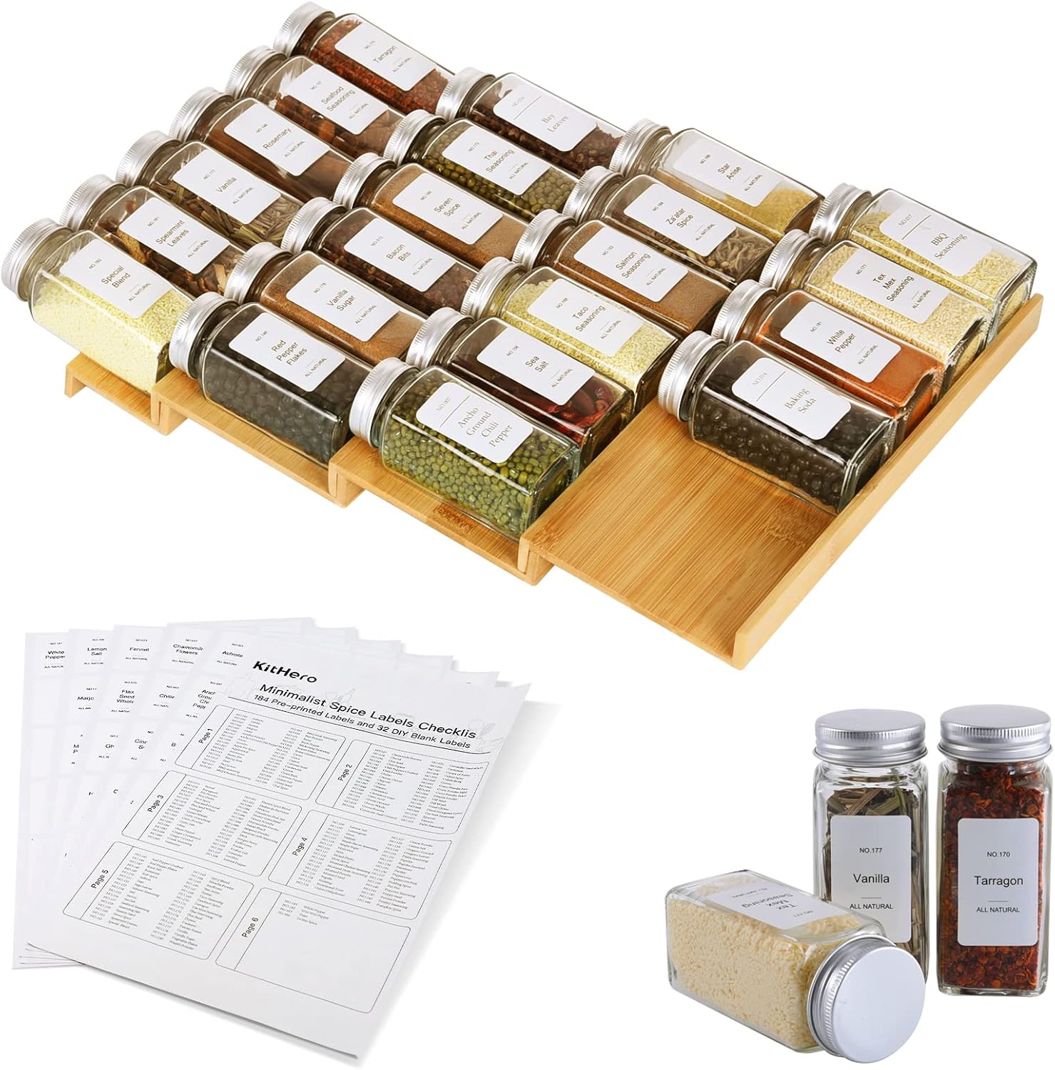 Spice Drawer Organizer with 20 Spice Jars,216 Labels,25 Non-slip Rubber, Bamboo 4 Tier Seasoning