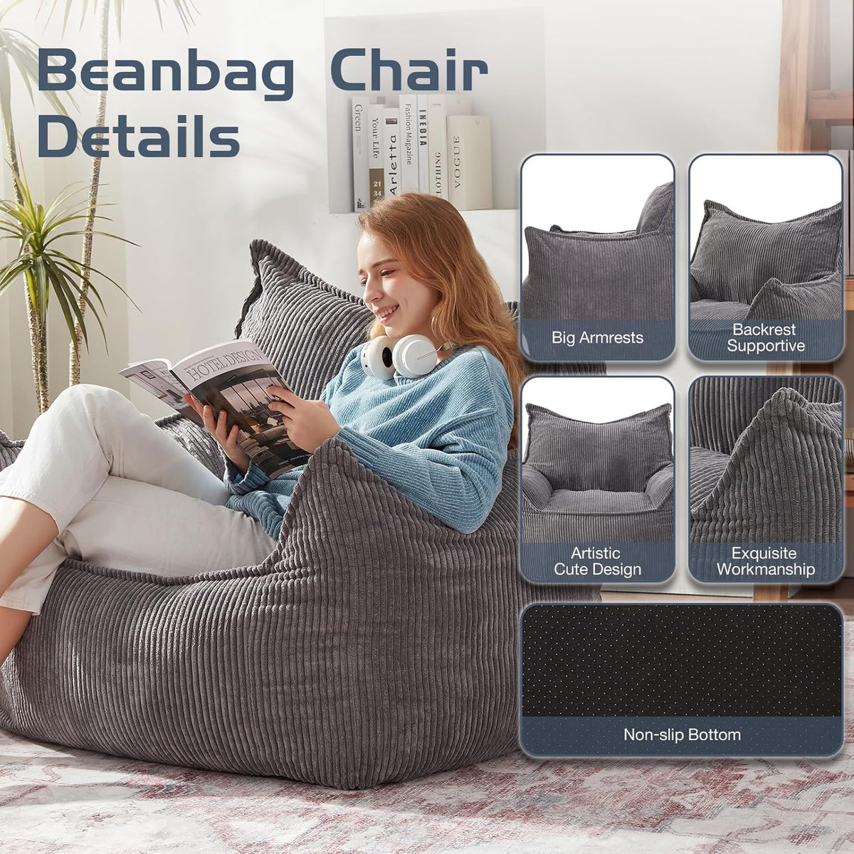 Giant Bean Bag Chair Sofa for Adults Teens, Comfy Corduroy Large Bean Bag Chairs with Armrests for
