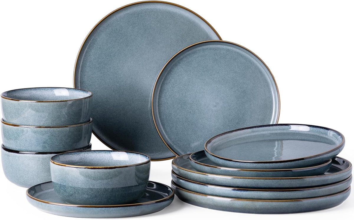 GBHOME Ceramic Dinnerware Sets for 4, 12 Pieces Stoneware Plates and Bowls Sets, Reactive Glaze