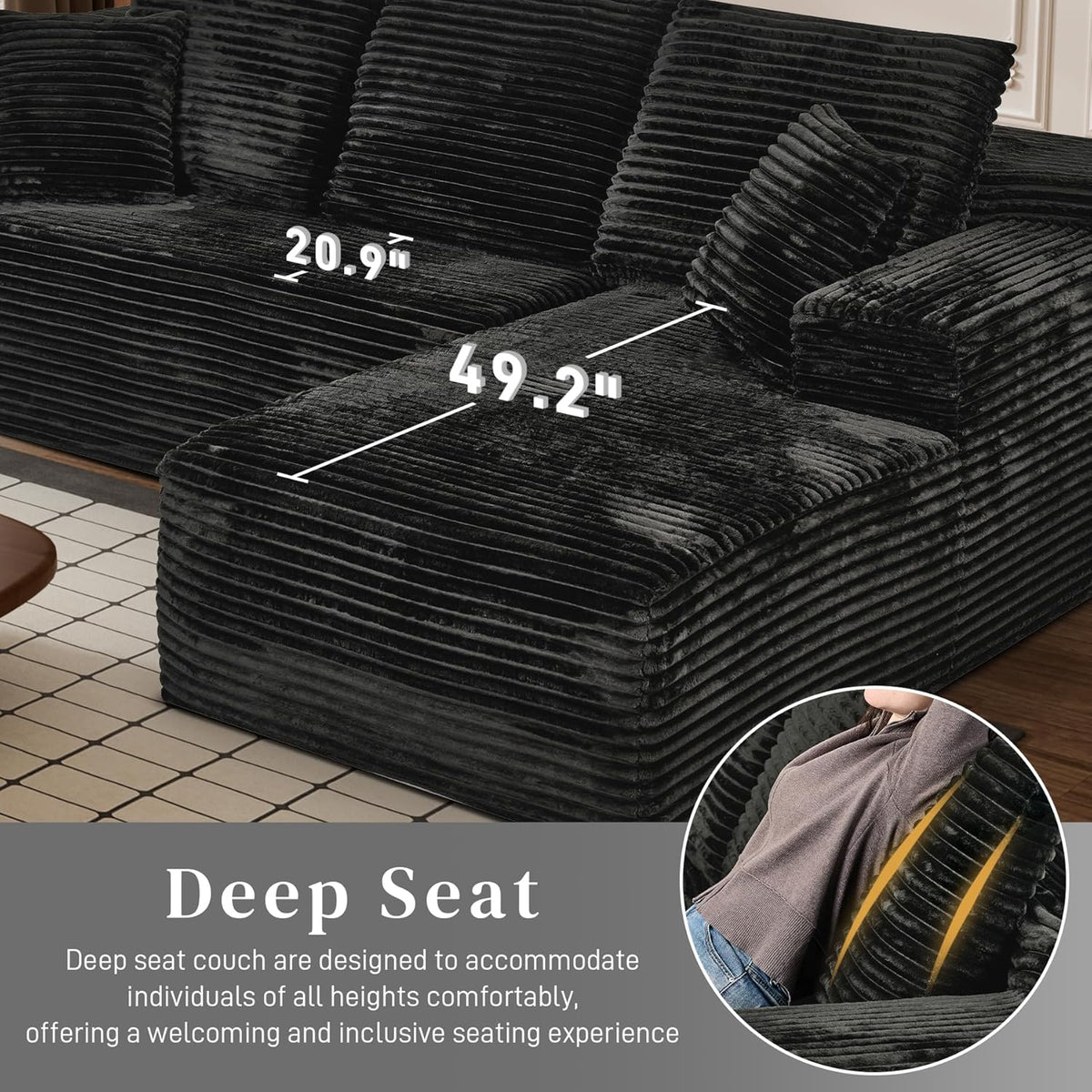 Modular Sectional Sofa Cloud Sectional Couch, 107" Comfy Fluffy L Shaped Black Couches for Living