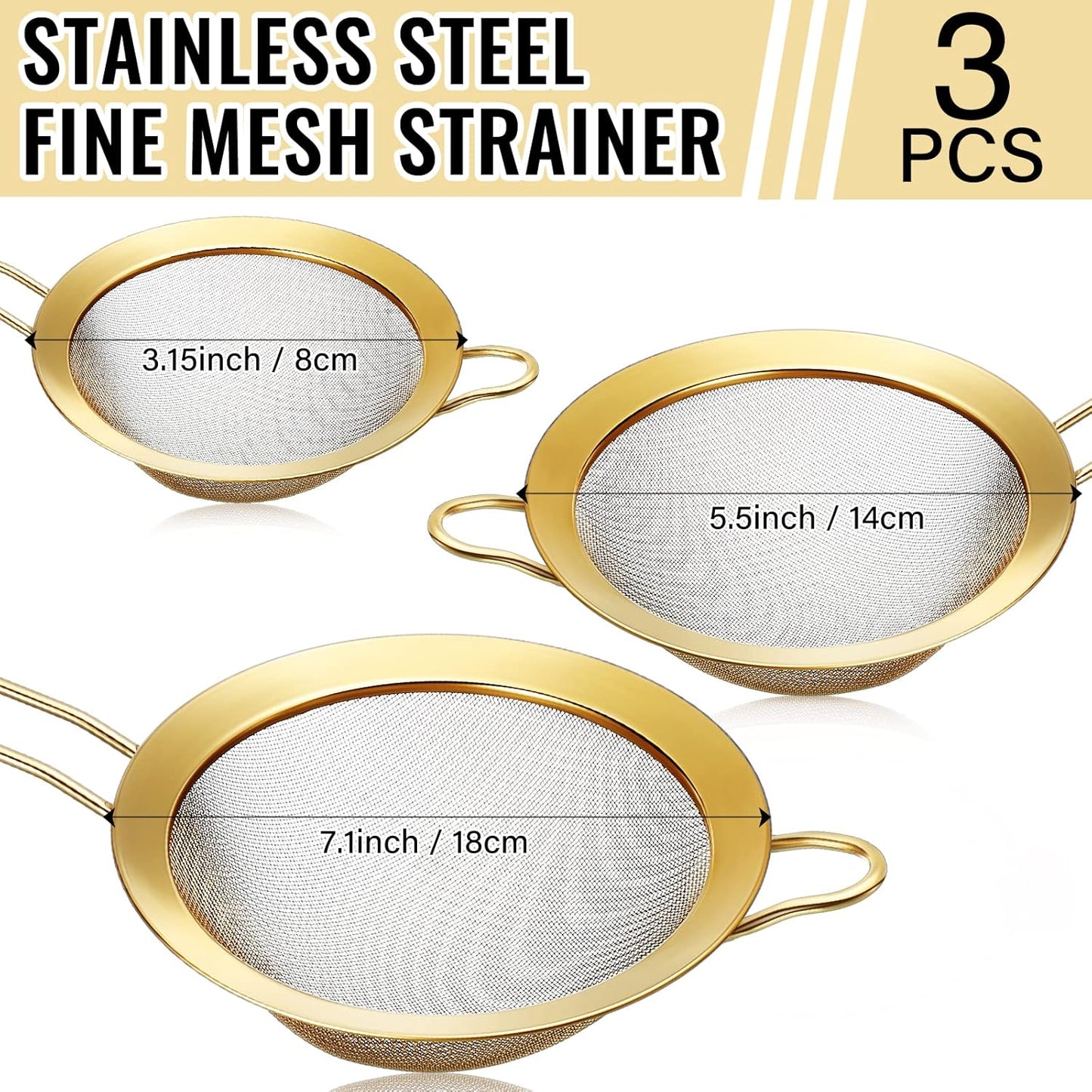 Norme 5 Quart Stainless Steel Gold Colander and 3 Pcs Gold Fine Mesh Strainer, Stainless Steel