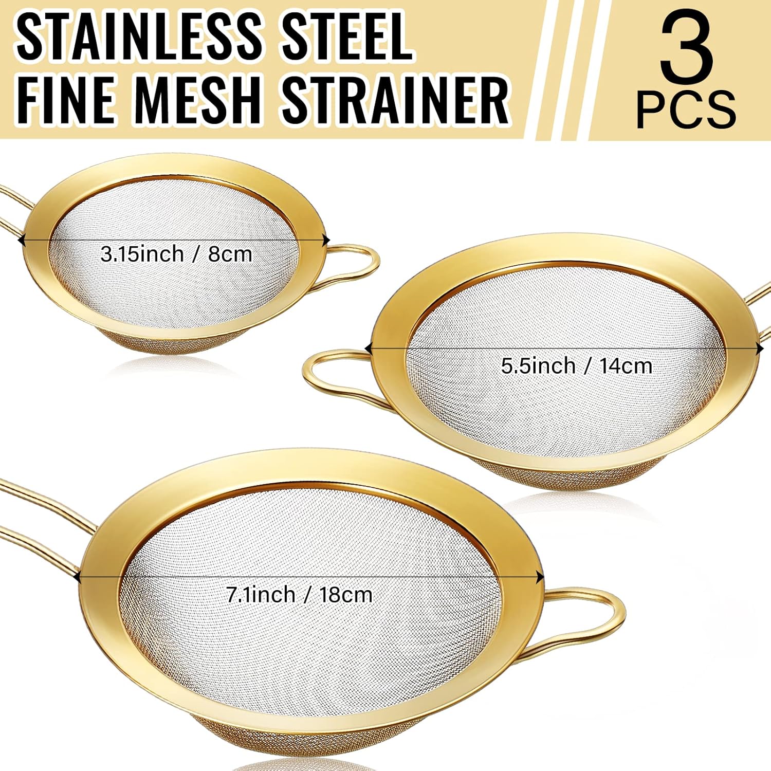 Norme 5 Quart Stainless Steel Gold Colander and 3 Pcs Gold Fine Mesh Strainer, Stainless Steel