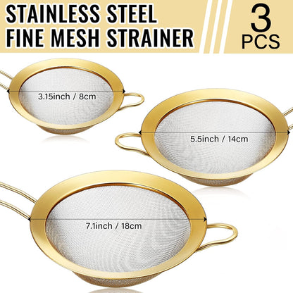 Norme 5 Quart Stainless Steel Gold Colander and 3 Pcs Gold Fine Mesh Strainer, Stainless Steel
