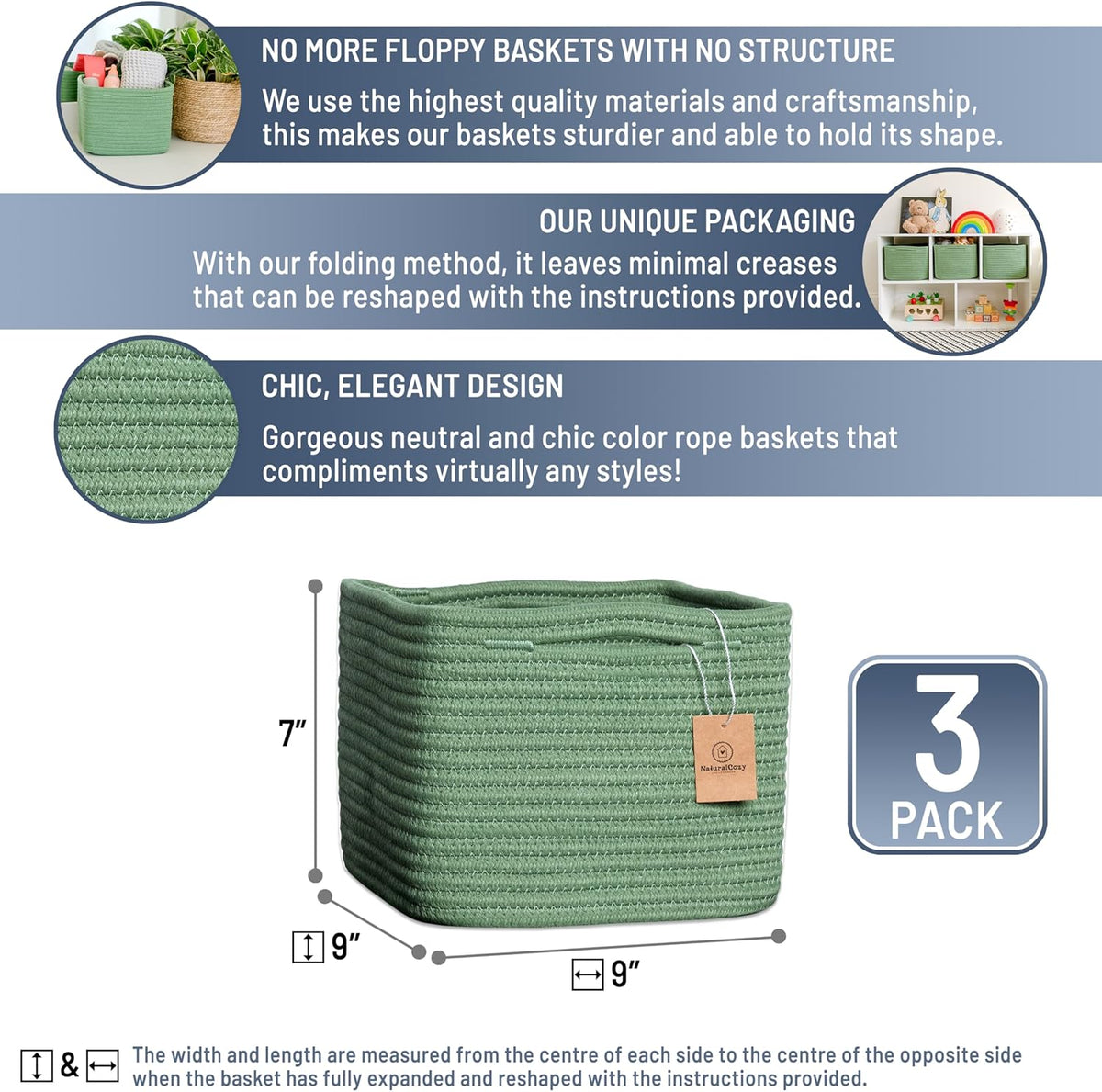 NaturalCozy Storage Cubes 9”x9”x7”Cotton Rope Woven Baskets for Organizing 3-Pack | 9 Inch Cube