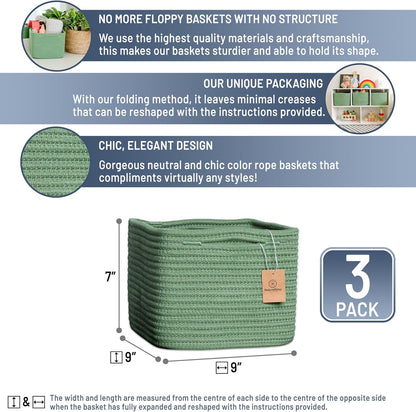 NaturalCozy Storage Cubes 9”x9”x7”Cotton Rope Woven Baskets for Organizing 3-Pack | 9 Inch Cube