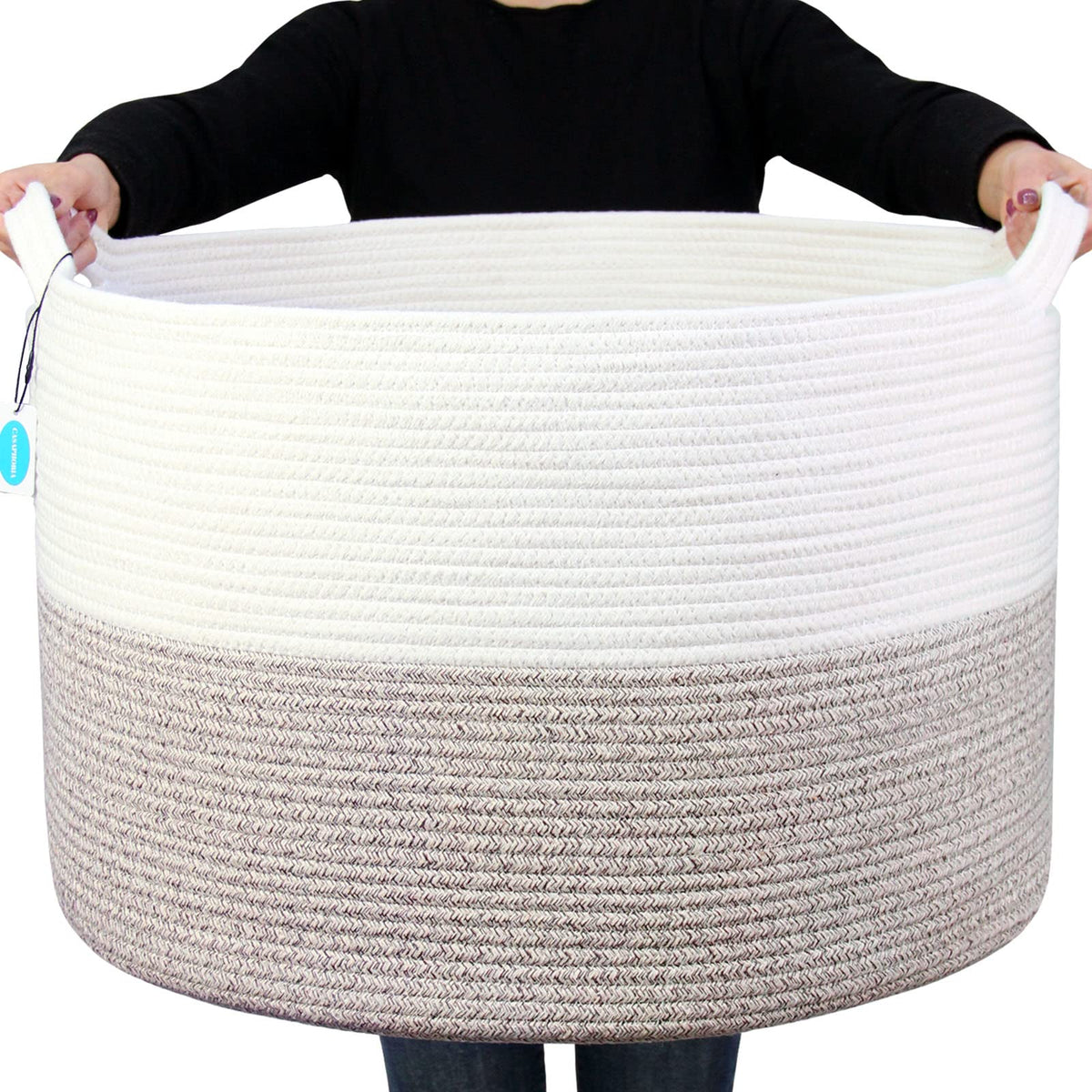 Casaphoria XXL Cotton Rope Basket - 21.7" x 21.7" x 13.8" Woven Laundry Hamper with Handle
