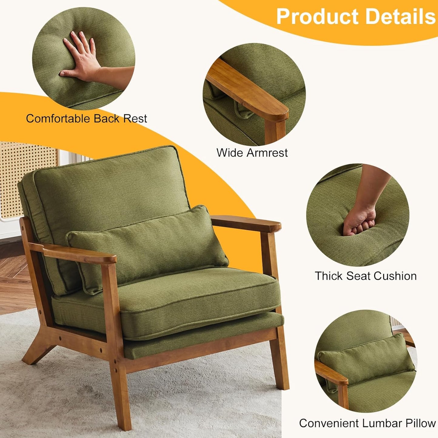 Karl home Accent Chair Wide Armrest Mid-Century Lounge Chair Linen Fabric Armchair with Lumbar
