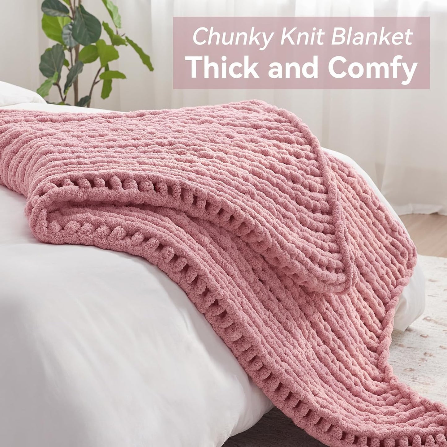Chunky Knit Throw Blanket, 40''*50'' Knitted Throw Chenille Yarn for Bed Couch, Handmade Light Pink