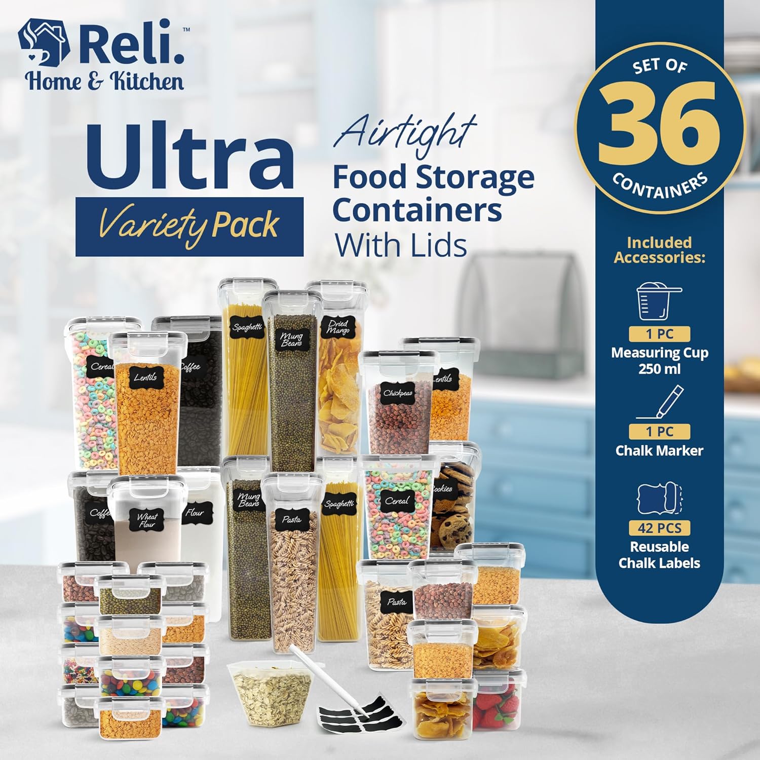 Reli. Airtight Food Storage Containers with Lids (36 Sets) | Kitchen Organizers and Storage Pantry