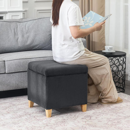 Adeco 18 Inch High Faux Fur Grey Cube Ottoman Storage, Fluffy Striped Velvet Chair Foot Stools
