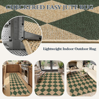 Lahome Checkered Kitchen Runner, 2x8 Easy Jute Runner Rug for Hallway Entryway, Farmhouse Indoor