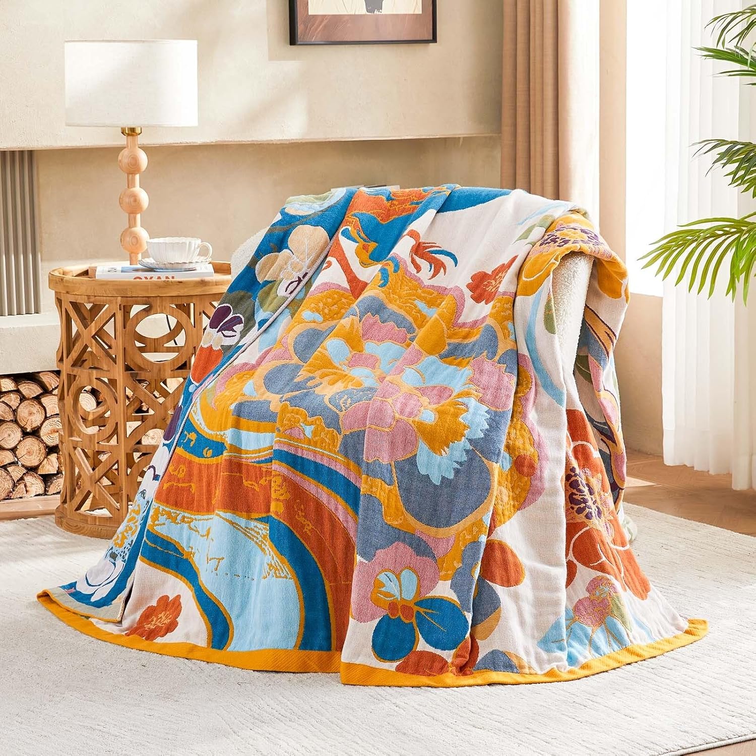 Boho Throw Blanket, Lightweight Blankets for Summer, 100% Cotton Bohemian Decorative Throw Blanket