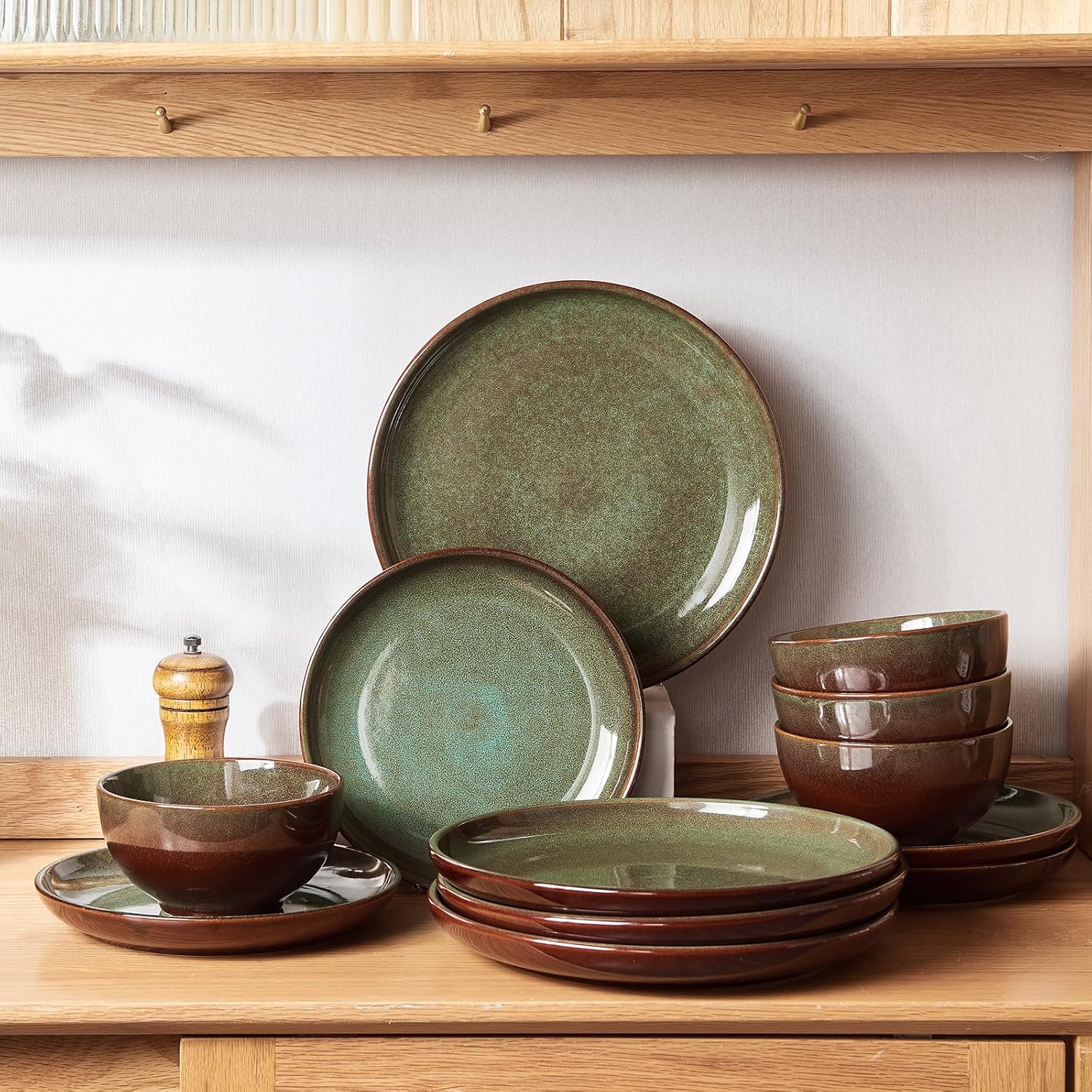Stoneware Dinnerware Sets Service for 4, 12 pcs Reactive Glaze Plates and Bowls Sets, Handmade