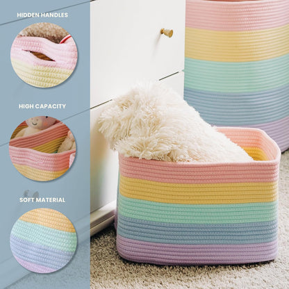 OrganiHaus Set of 3 Rainbow Woven Storage Baskets for Organizing, Cotton Rope Organizer Bins for