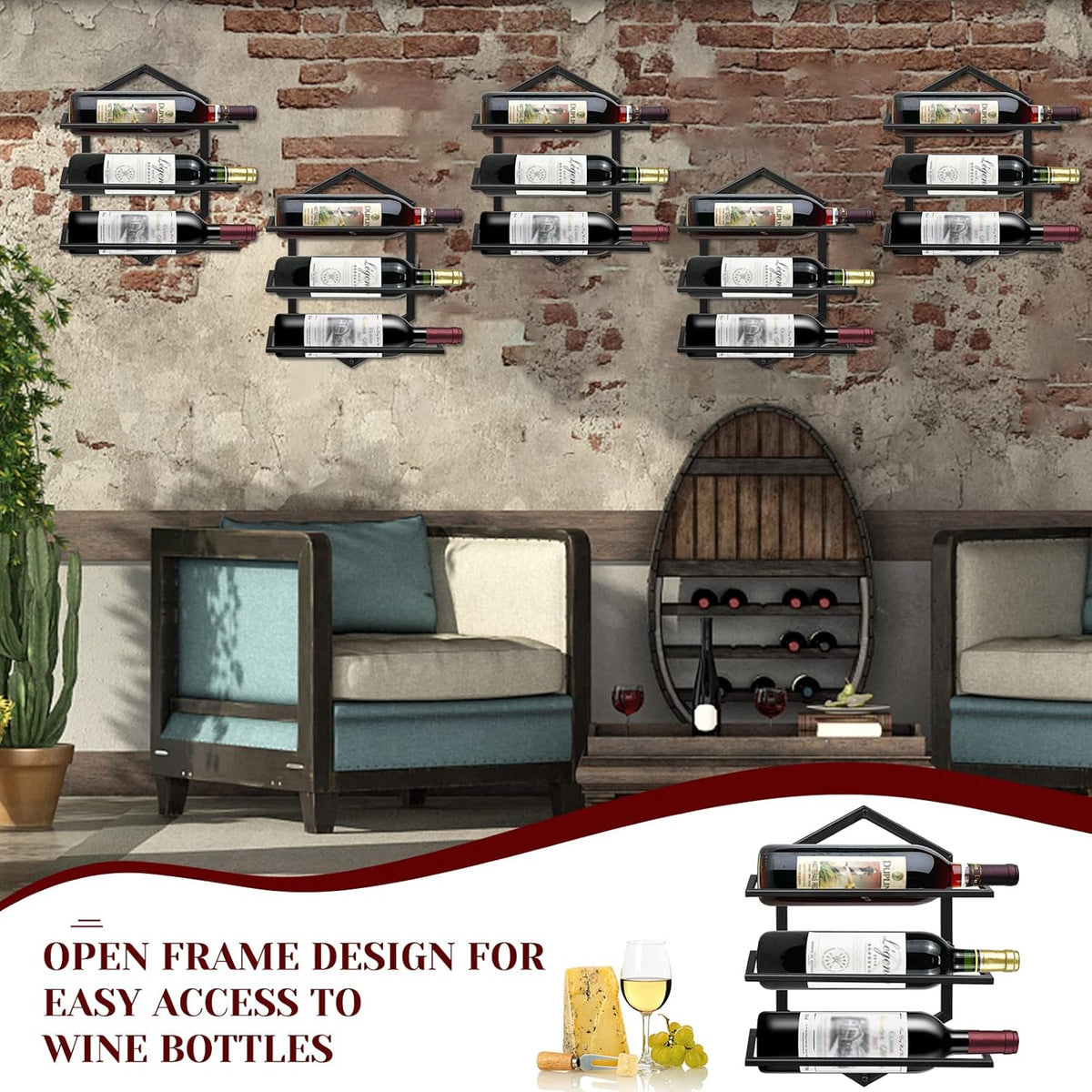 2Pcs Wall Mounted Wine Stemware Rack, Metal Hanging Wine Glass Display Holde Holds 3 Bottles