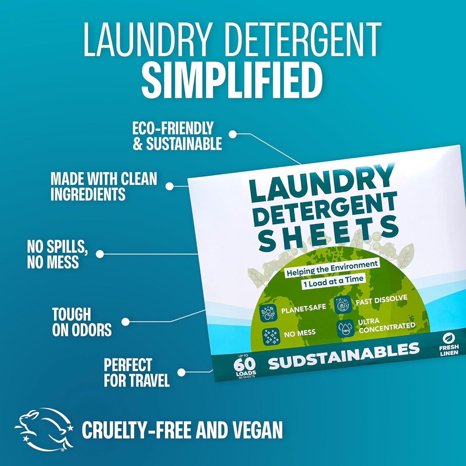 Sudstainables Laundry Detergent Sheets (60 Loads) – Eco-Friendly, Zero Waste, Plastic-Free Laundry