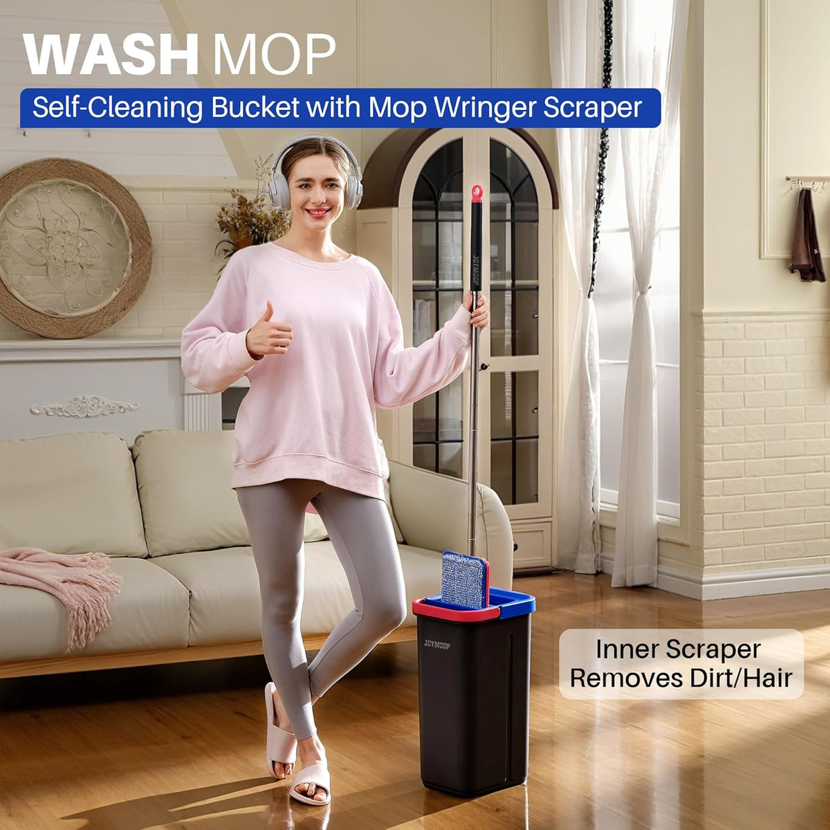 JOYMOOP Mop and Bucket Set for Home, Hands-Free Self-Cleaning System, with 3 Reusable Microfiber