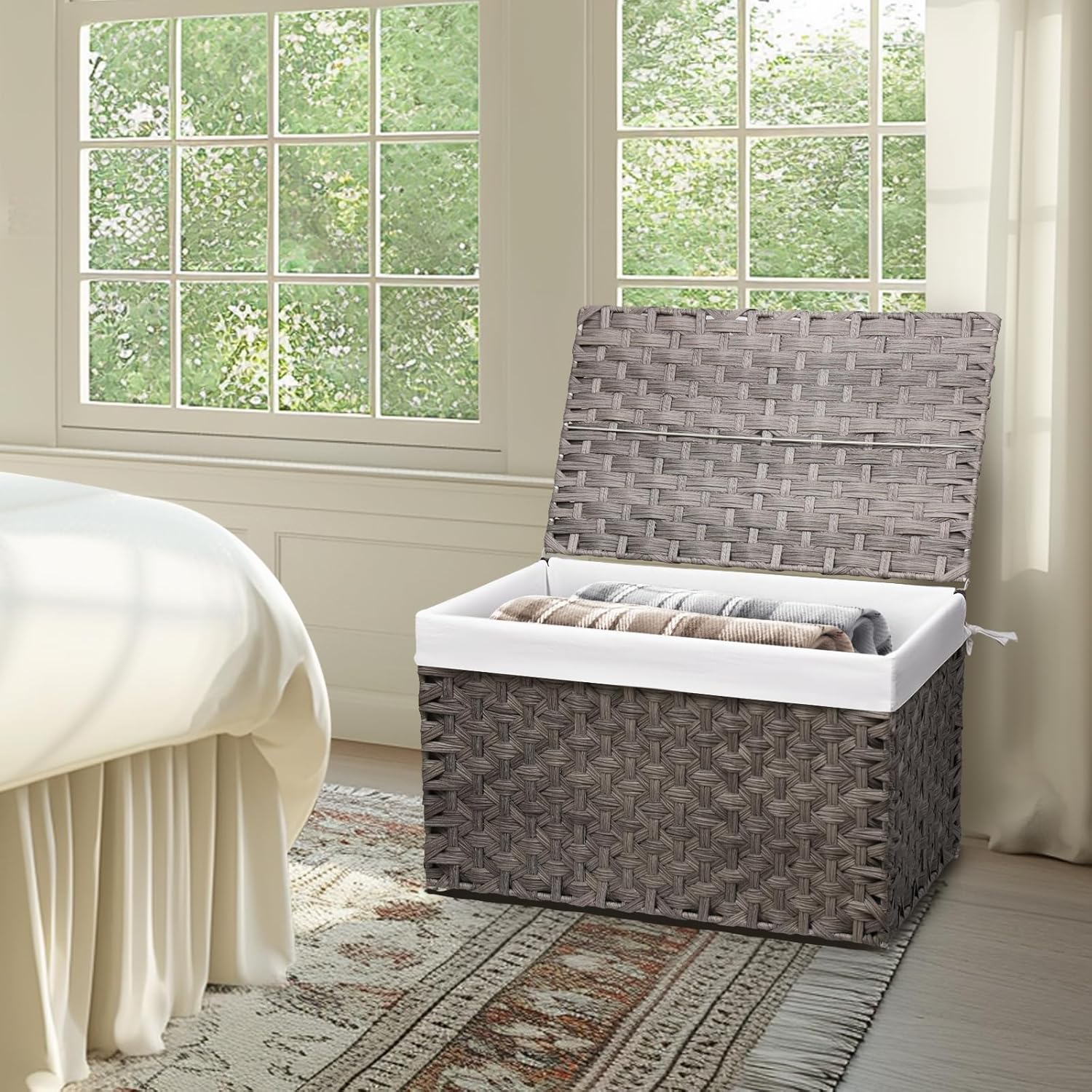 Wicker Storage Basket with Lid, 42.3 Gallon (160L) Large Blanket Basket with Lid, Woven Storage Bin