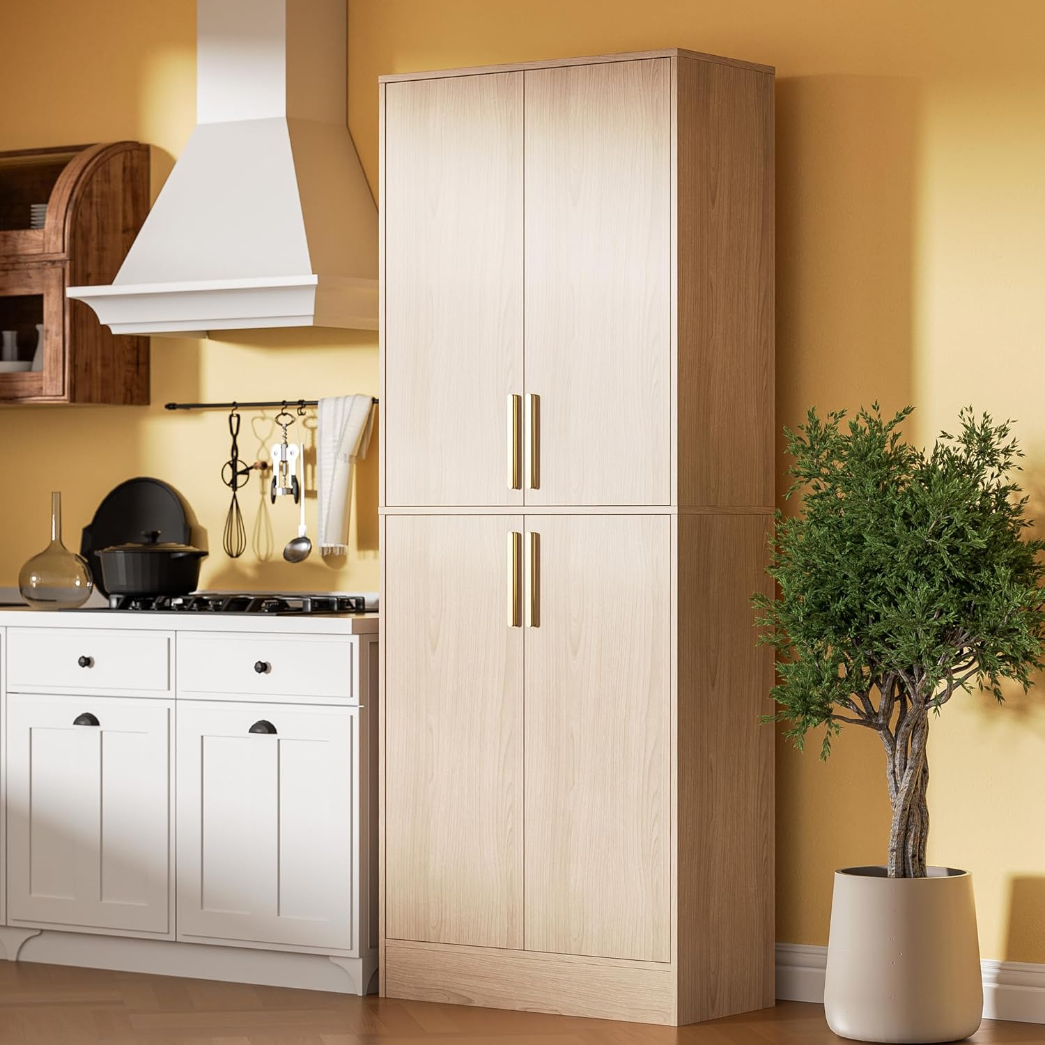 71" Tall Pantry Cabinet with 4 Doors, Kitchen Pantry Storage Cabinet, Freestanding Larder Cupboard