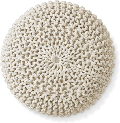 Casafield Round Pouf Ottoman, Natural - 20" Diameter x 14.5" High Cotton Knit Foot Stool - Boho