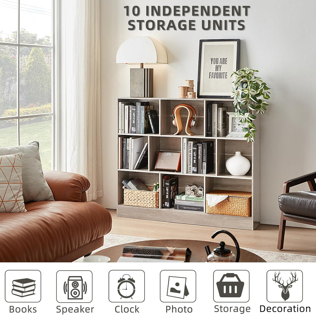 LEYAOYAO 10 Cube Bookshelf with Base,3 Tier Mid-Century Modern Grey Bookcase,Standing Wide