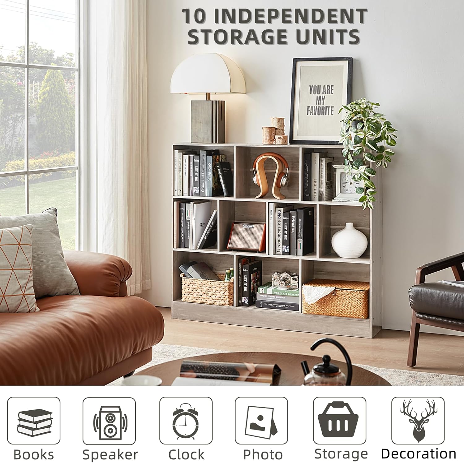 LEYAOYAO 10 Cube Bookshelf with Base,3 Tier Mid-Century Modern Grey Bookcase,Standing Wide