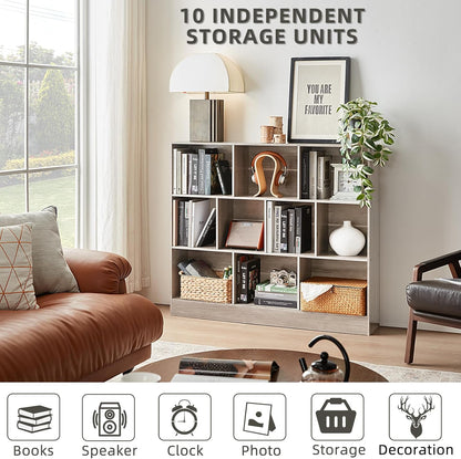 LEYAOYAO 10 Cube Bookshelf with Base,3 Tier Mid-Century Modern Grey Bookcase,Standing Wide