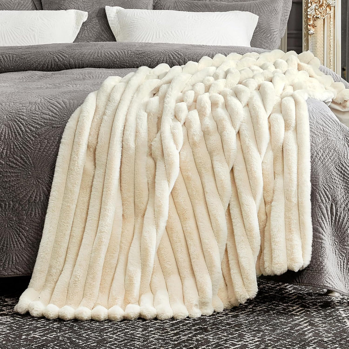 Cozy Bliss Faux Fur Throw Blanket for Couch, Cozy Warm Plush Striped Blanket for Sofa Bedroom