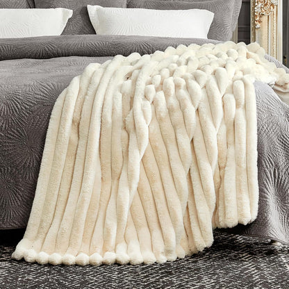 Cozy Bliss Faux Fur Throw Blanket for Couch, Cozy Warm Plush Striped Blanket for Sofa Bedroom