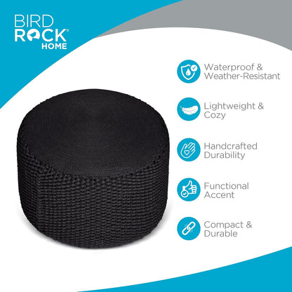 BIRDROCK HOME Outdoor Pouf Ottoman | Hand Woven Waterproof Foot Stool with Bead Bag Filling | Boho