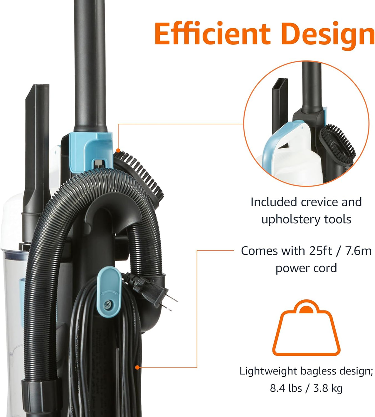 Amazon Basics Upright Bagless Vacuum Cleaner for Carpet and Hard Floors, With Crevice and