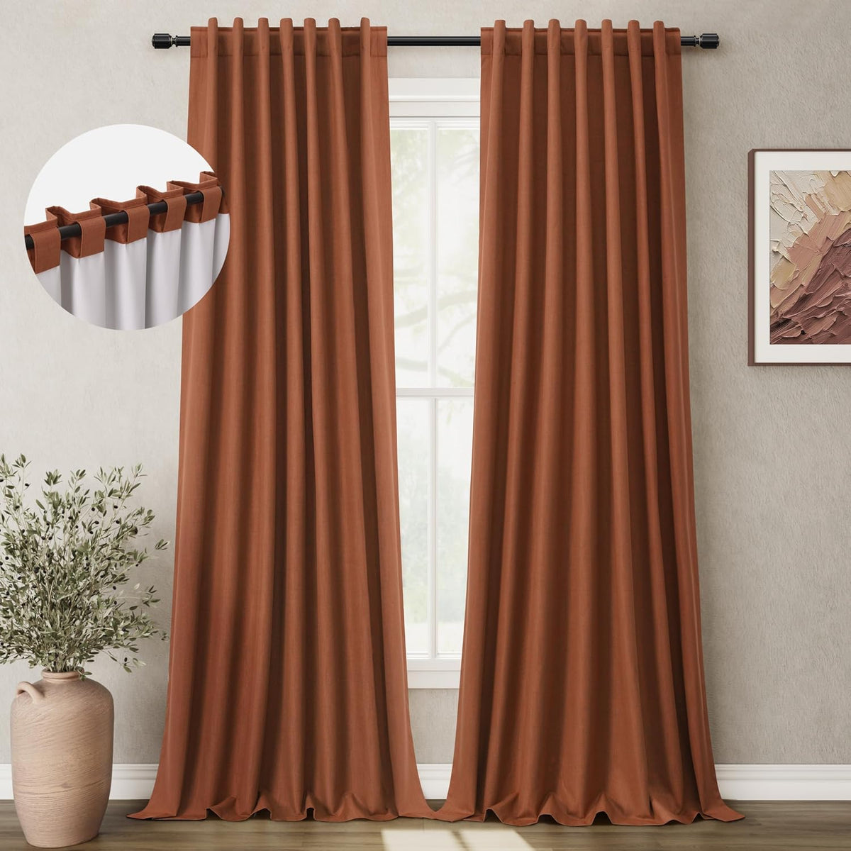 BOODII Terracotta 120 Inch Long Blackout Curtains for Living Room Linen Blend Back Tab Neutral