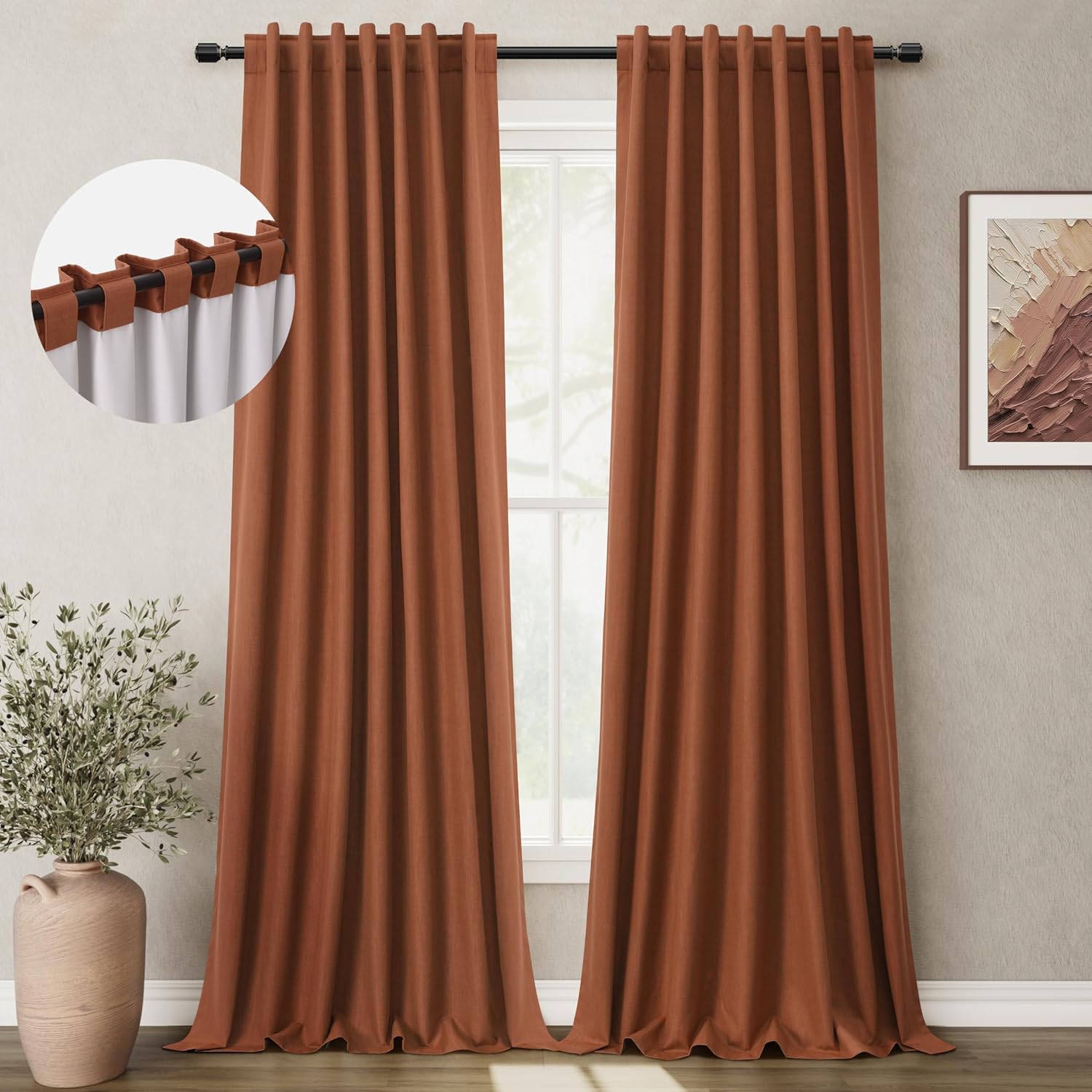 BOODII Terracotta 120 Inch Long Blackout Curtains for Living Room Linen Blend Back Tab Neutral