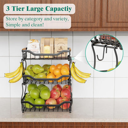 Giwil 3 Tier Countertop Fruit Basket for Kitchen, Vegetable Storage Bread Fruit Bowl Stand with 2