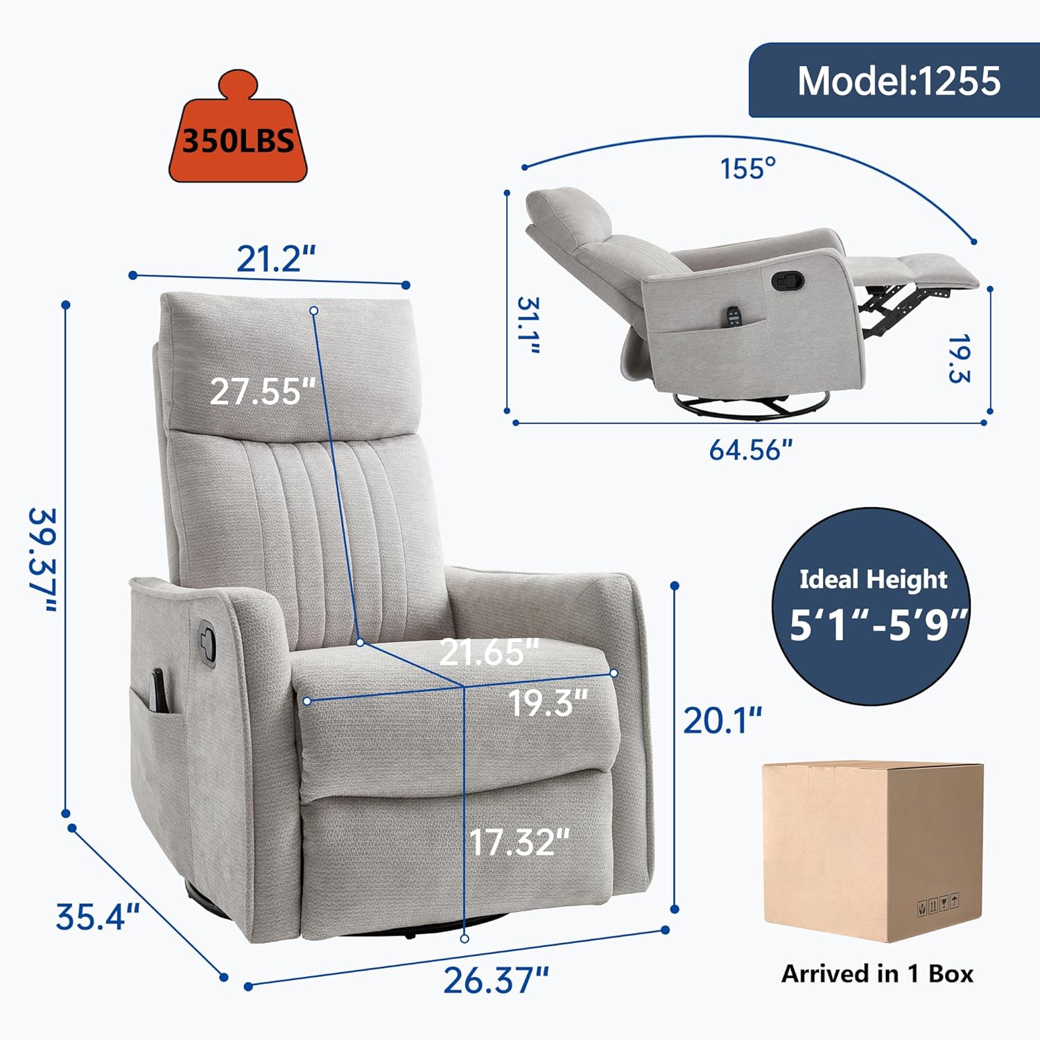 Manual Swivel Rocker Recliner Chair for Adults, Overstuffed Reclining Glider Chair for Nursing with