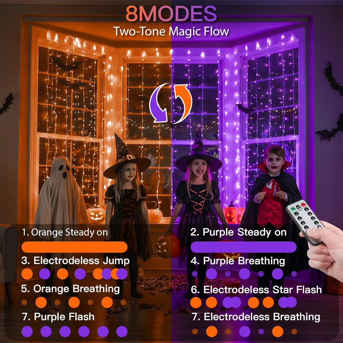 suddus Color Changing Curtain Lights for Halloween, 200 LED 6.5ft x 6.5ft Hanging String Lights