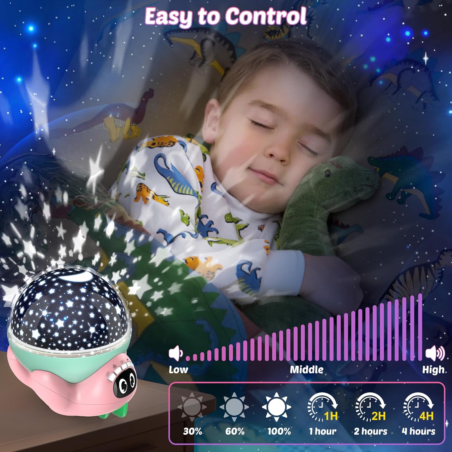 Dinosaur Night Light Projector for Kids Pink Dino Toys for Boys, Star Night Lights with Music and