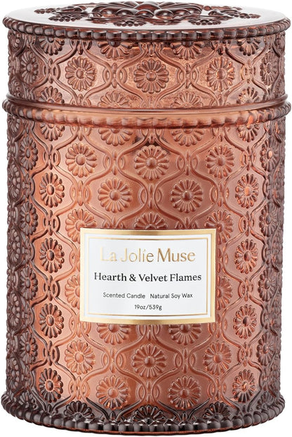 LA JOLIE MUSE Hearth & Velvet Flames Candle - Saffron, Clove, Vanilla | 19 oz Large Wooden Wick
