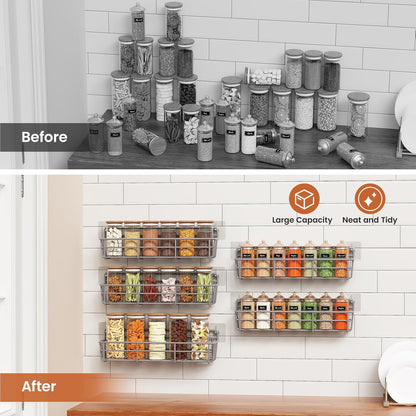5 Pack Spice Rack Seasoning Organizer Wall Mount, Screw or Adhesive Hanging Shelf Basket Spice