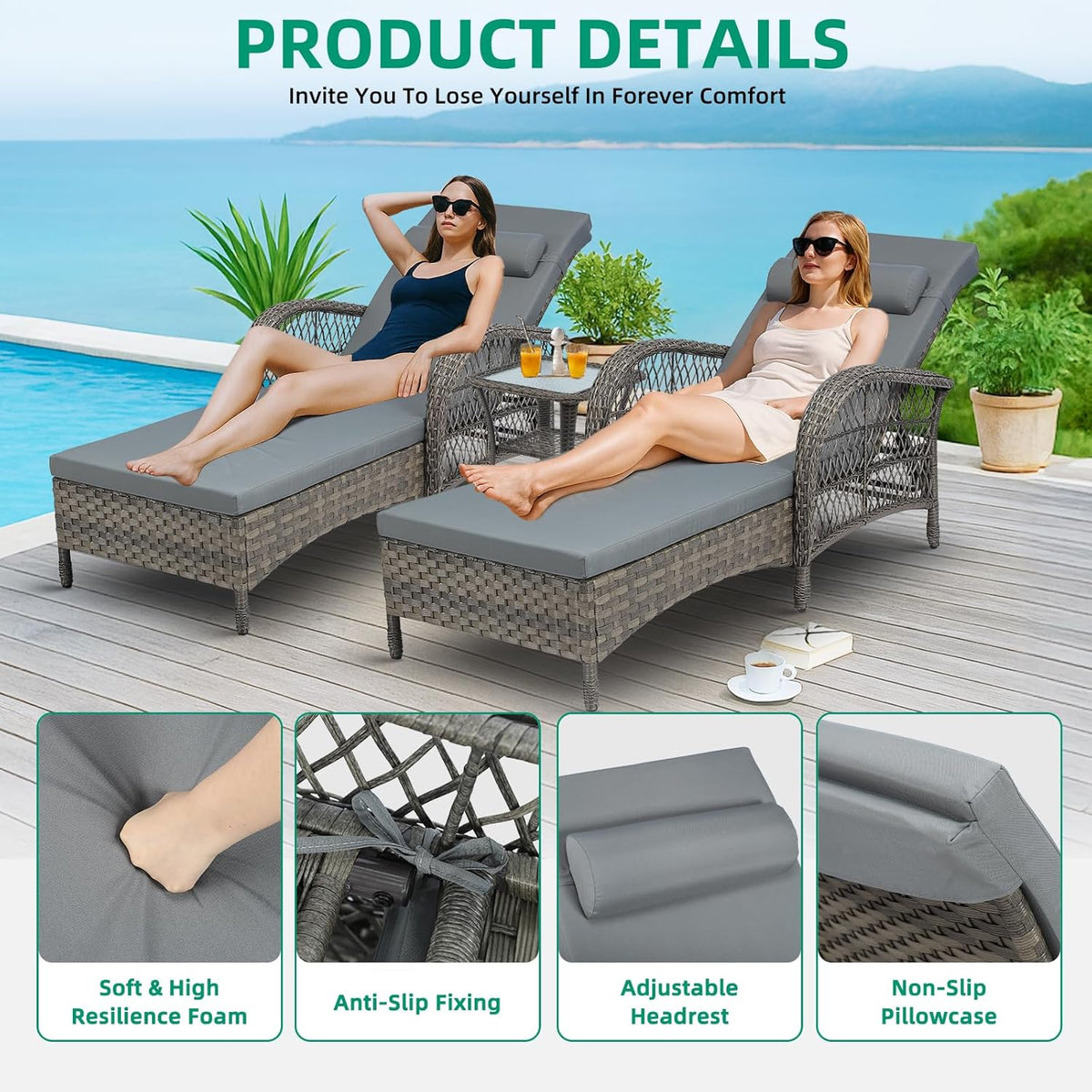 VIVIJASON 3 Pieces Outdoor Wicker Chaise Lounge Chair Set, All-Weather PE Rattan Cushioned Patio