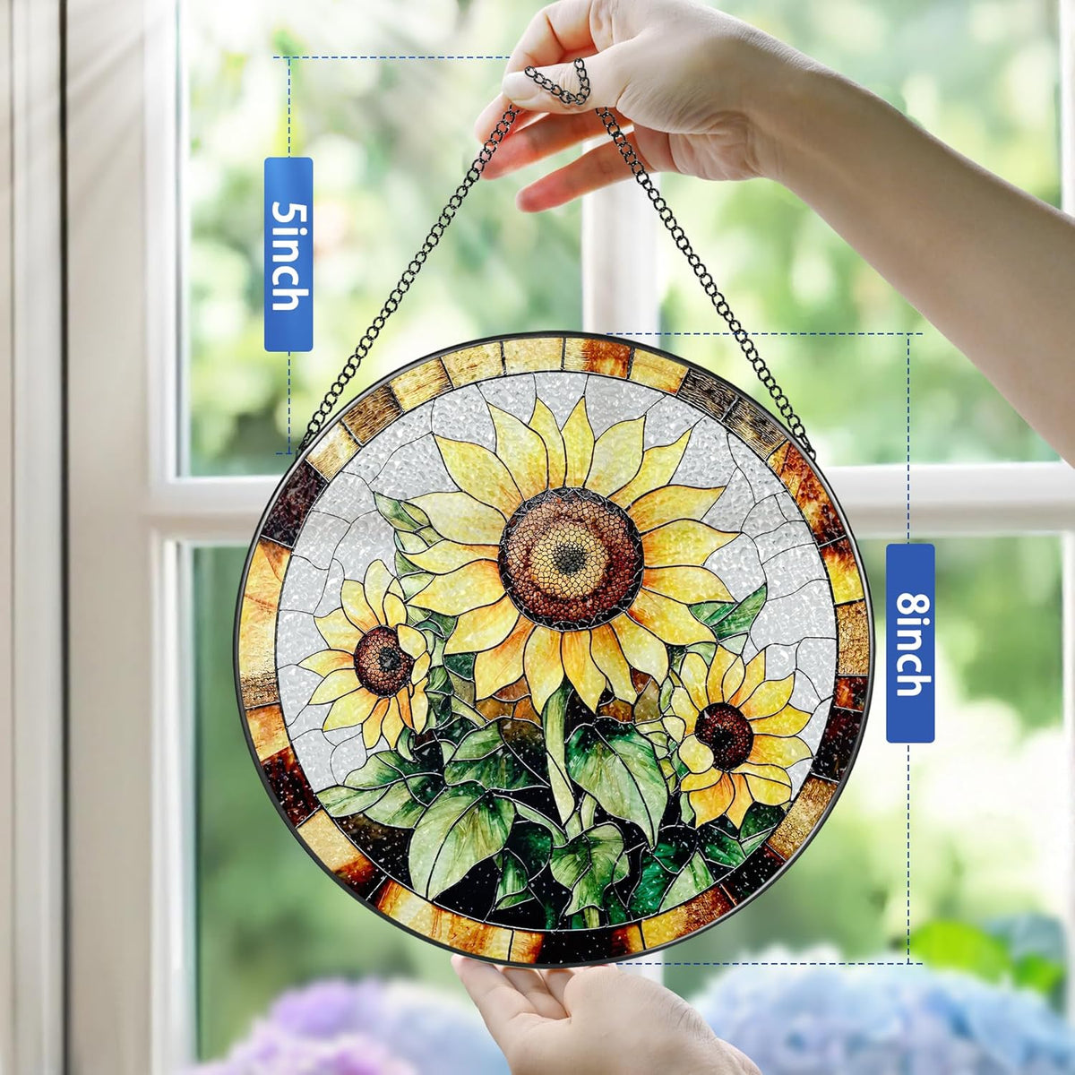 Sunflower Stained Glass Suncatcher, Stained Glass Window Hanging, 8 Inch Sunflower Suncatcher