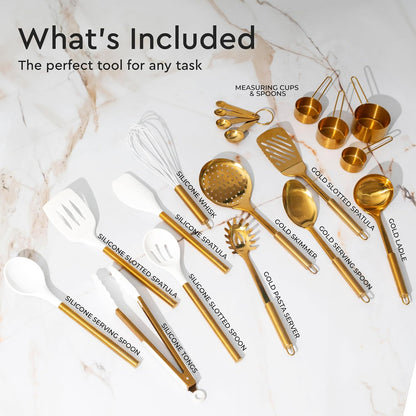 Gold Kitchen Utensils Set - 19-Piece Set Includes Stainless Steel Gold Utensils, White Silicone